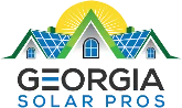 House with sun in background behind roof and the words Georgia Solar Pros written below the house